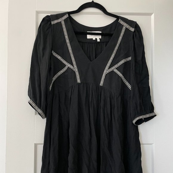 ba&sh Alma Embroidered 3/4 Sleeve Mini Swing Dress in Black and White - Picture 4 of 9